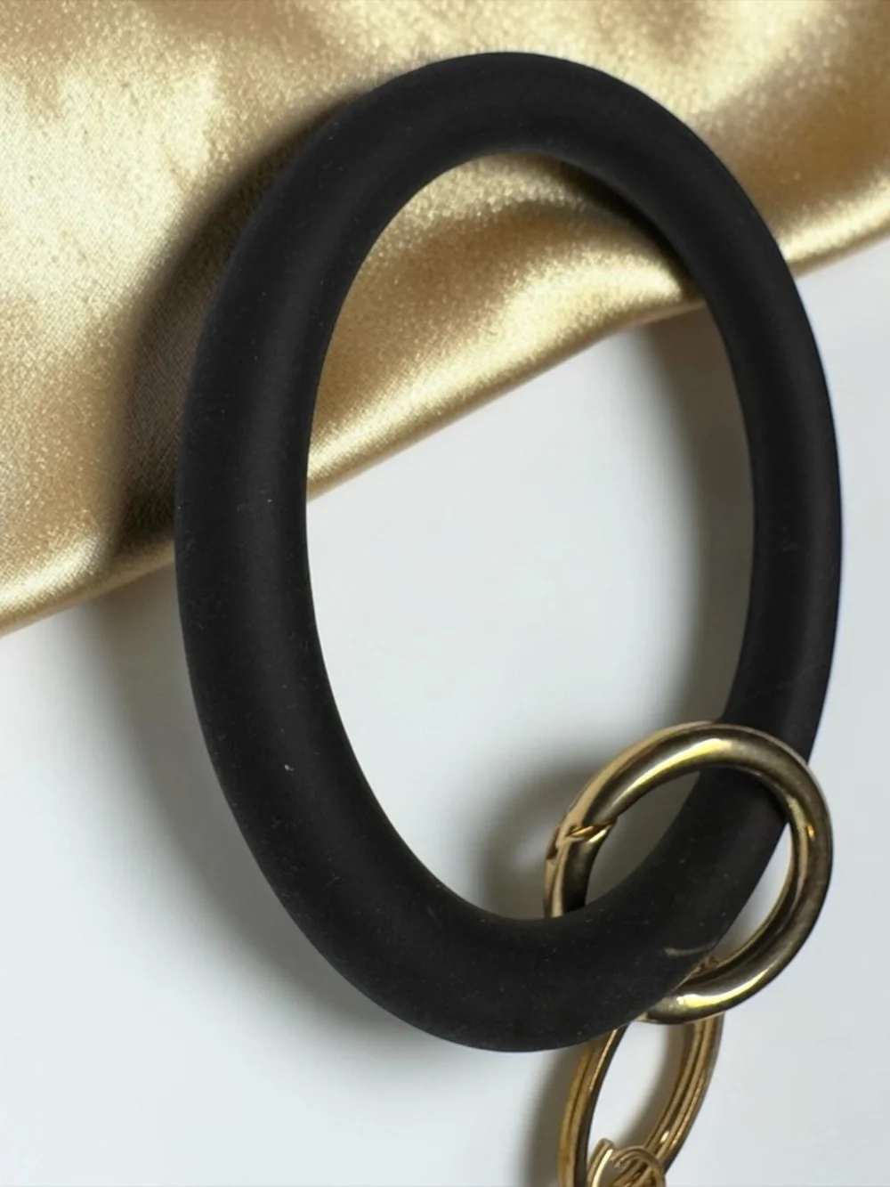 Black Silicone Bangle Keychain Bracelet Gold Tassel Wristlet NEW